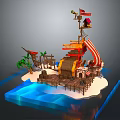 Scenic Pirate Island with Striped Sail Tower Palm Trees and Blue Water