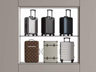 Various Colored Suitcases With Metallic Hardshell And Patterned Designs On Display Shelf 3d model