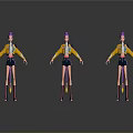 Three Women In Yellow Jacket Black Shorts Purple Boots And Purple Hair On Gray Background