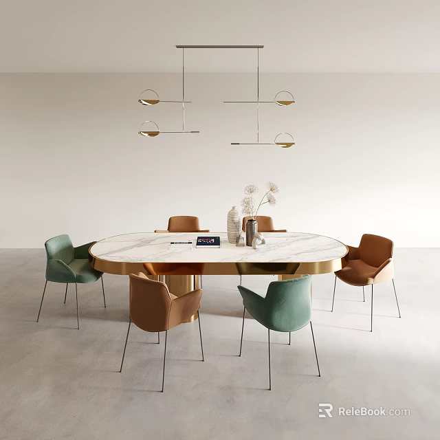 Modern Dining Living Room Interior With Round Marble Table Green Brown Chairs And Pendant Lights 3d model 