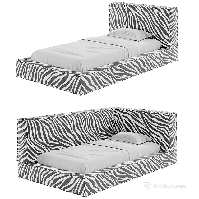 Zebra Print Kids Bed With White Mattress And Stylish Headboard 3d model 