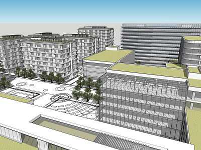 Modern Office Buildings With Green Roofs Open Plaza And Glass Facades 3d model