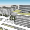 Modern Office Buildings With Green Roofs Open Plaza And Glass Facades