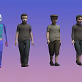 Men in Different Outfits Standing with Colorful Segmented Human Figure on Gradient Background