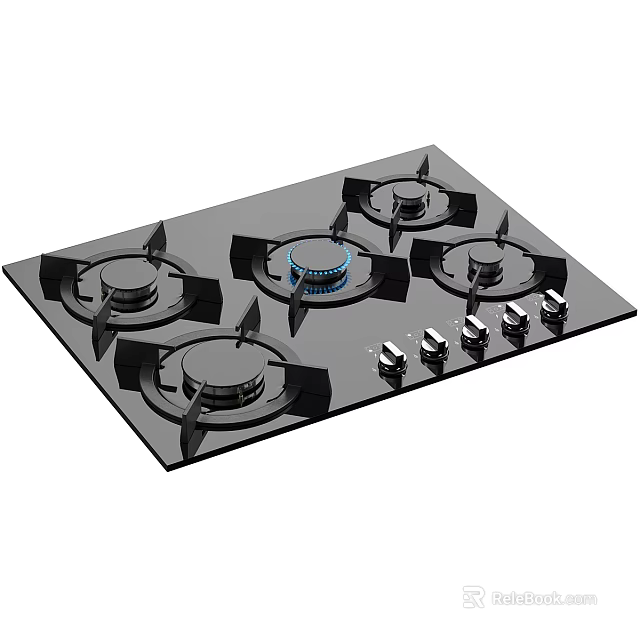 Gas Cooktop Kitchen Appliance With Four Burners Black Surface And Control Knobs 3d model 
