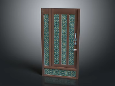 Elegant Brown Frame Swing Door With Green Patterned Panels And Decorative Design 3d model