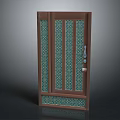 Elegant Brown Frame Swing Door With Green Patterned Panels And Decorative Design 3d model