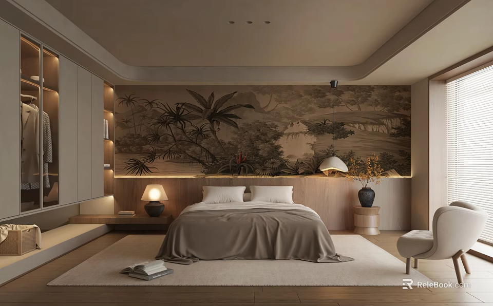 Modern Bedroom Interior Design With Palm Tree Mural Beige Bedspread And Table Lamp 3d model