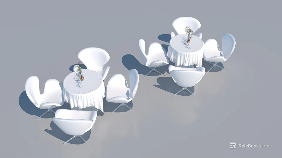 Modern White Round Table And Chair Set With Tablecloth And Green Plant Vase 3d model 
