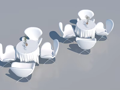 Modern White Round Table And Chair Set With Tablecloth And Green Plant Vase 3d model