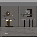 Modern Console Table With Gold Black Base Marble Top Wall Decor Green Plant And Decorative Items