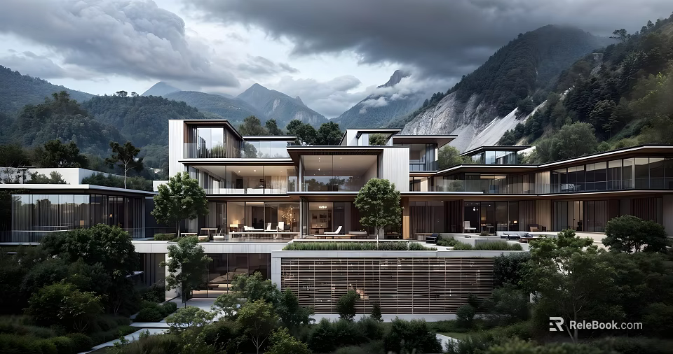 Luxury Modern Detached Villa With Large Glass Windows Lush Trees And Mountain View 3d model 