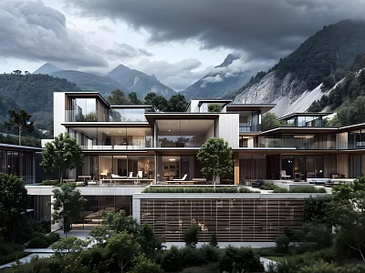 Luxury Modern Detached Villa With Large Glass Windows Lush Trees And Mountain View 3d model