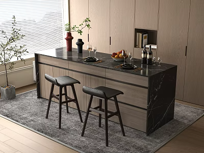 Modern Dining Room Interior With Marble Counter Island Black Stools And Cabinets 3d model