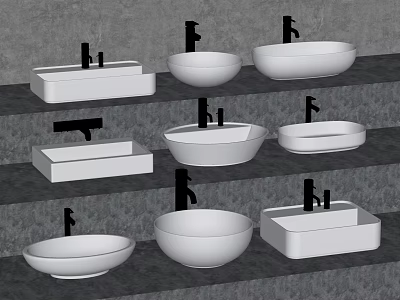 Different Styles of White Ceramic Washbasins with Faucets Displayed on Shelves 3d model