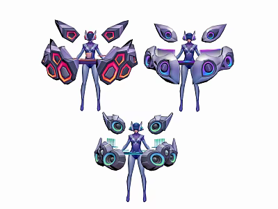Three Futuristic Characters With Hybrid Biological Mechanical Wings And Glowing Accents 3d model