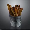 Golden Brown Crispy Fries Served In Hammered Metallic Cup On Dark Background