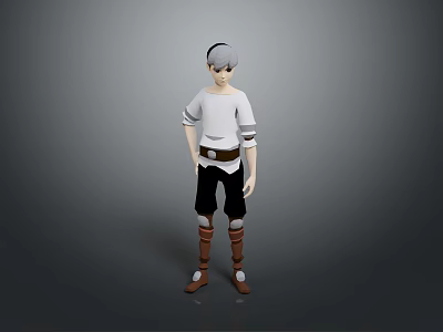 3D Animated Character With White Top Black Pants And Brown Boots Standing In Gray Background 3d model