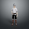 3D Animated Character With White Top Black Pants And Brown Boots Standing In Gray Background