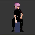 Pink Haired Character Sitting On Blue Cylinder In Black Outfit Against Dark Background