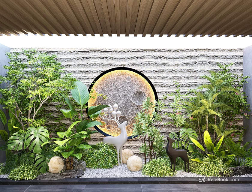 Indoor Landscape Design With Circular Decorative Wall Green Plants And Deer Sculpture 3d model 