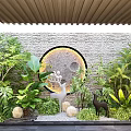 Indoor Landscape Design With Circular Decorative Wall Green Plants And Deer Sculpture