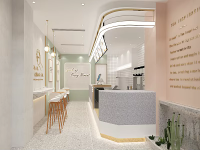Modern Bubble Tea Shop Interior With Simple Counter And Green Cactus Decor 3d model