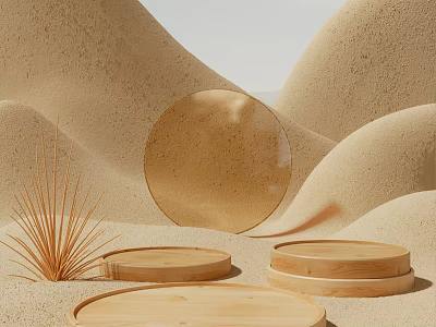 Wooden Commercial Equipment Display Trays With Golden Sphere Hay Like Plant And Sandy Dunes Background 3d model