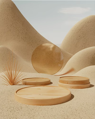 Wooden Commercial Equipment Display Trays With Golden Sphere Hay Like Plant And Sandy Dunes Background 3d model