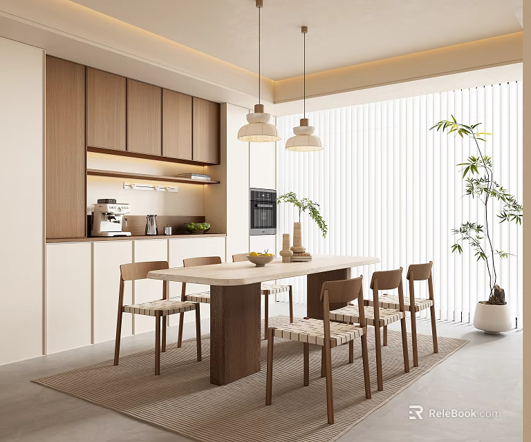 Modern Restaurant Interior With Wooden Dining Table Chairs Pendant Lights Cabinets And Potted Plant 3d model 