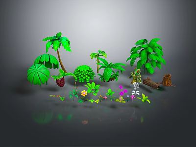 Cartoon Nature Scene Featuring Green Trees Various Leaves Colorful Flowers Small Plants And Wooden Stump 3d model