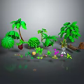 Cartoon Nature Scene Featuring Green Trees Various Leaves Colorful Flowers Small Plants And Wooden Stump