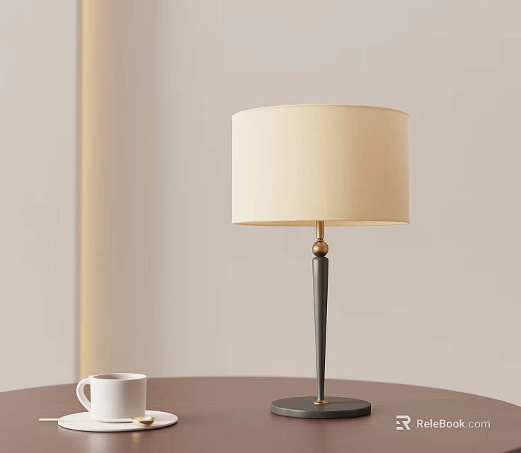 Modern Beige Lampshade Table Lamp With Dark Pole And White Cup On Table 3d model