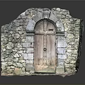 Ancient Stone Gate With Arched Design And Wooden Door In Stone Wall Structure