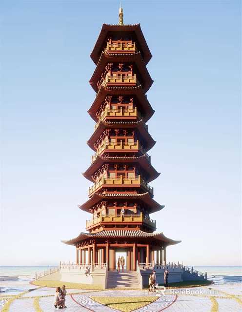 Traditional Chinese Pagoda Multi layered with Ornate Balconies Classic Architectural Design under Clear Blue Sky 3d model 