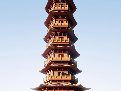 Traditional Chinese Pagoda Multi layered with Ornate Balconies Classic Architectural Design under Clear Blue Sky 3d model