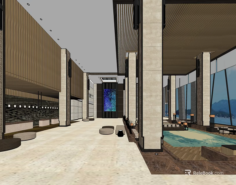 Spacious Hotel Lobby Interior With Marble Floor Tall Columns And Mountain View Windows 3d model 
