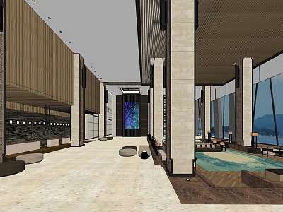 Spacious Hotel Lobby Interior With Marble Floor Tall Columns And Mountain View Windows 3d model