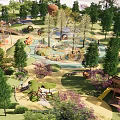 Fun Safe Kids Playground In Lush Park With Slides Swings Trees And Colorful Flowers