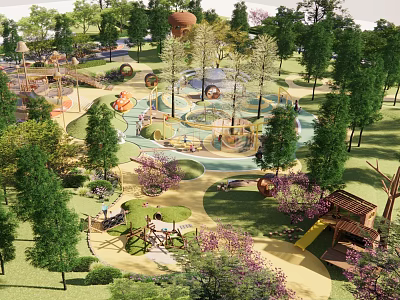 Fun Safe Kids Playground In Lush Park With Slides Swings Trees And Colorful Flowers 3d model