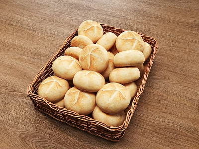 Fresh Homemade Round Bread Loaves in Wicker Basket on Wooden Table 3d model
