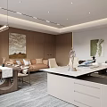 Stylish Modern Office Interior With Large Desk Ergonomic Chairs And Wooden Bookshelves Lighting
