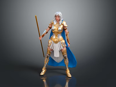 Woman in Golden Armor with White Hair Holding Staff and Blue Cape Standing 3d model