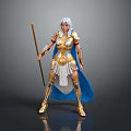 Woman in Golden Armor with White Hair Holding Staff and Blue Cape Standing