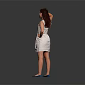Woman in White Dress Posing with Hand on Forehead and Blue Shoes Against Gray Background