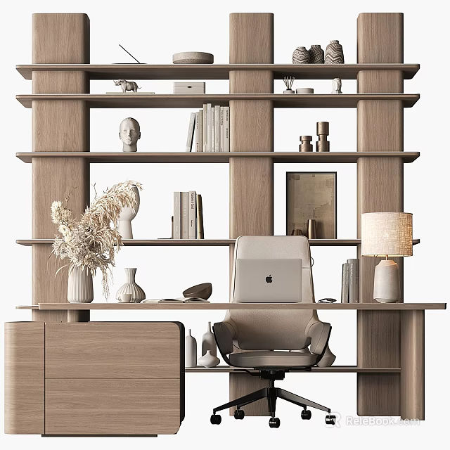 Wooden Desk and Chair Set in Home Office with Bookshelf Books Table Lamp and Vase 3d model 