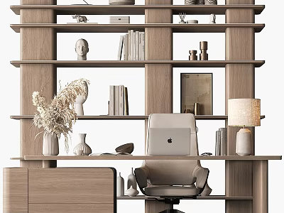 Wooden Desk and Chair Set in Home Office with Bookshelf Books Table Lamp and Vase 3d model