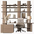 Wooden Desk and Chair Set in Home Office with Bookshelf Books Table Lamp and Vase