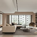 Modern Living Room Interior Design With Beige Sofa Round Coffee Table And Large Windows