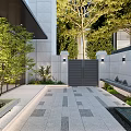 Modern Garden Landscape With Green Trees Outdoor Seating Stone Paved Floor And Building